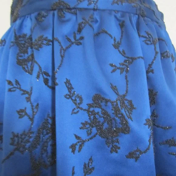 Chetta B Evening full length royal blue satin skirt w black beaded roses, sz 12